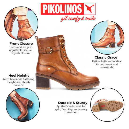 Botines Pikolinos de combate de tacón medio en piel marrón brandy para mujer - Llanes - Image 2
