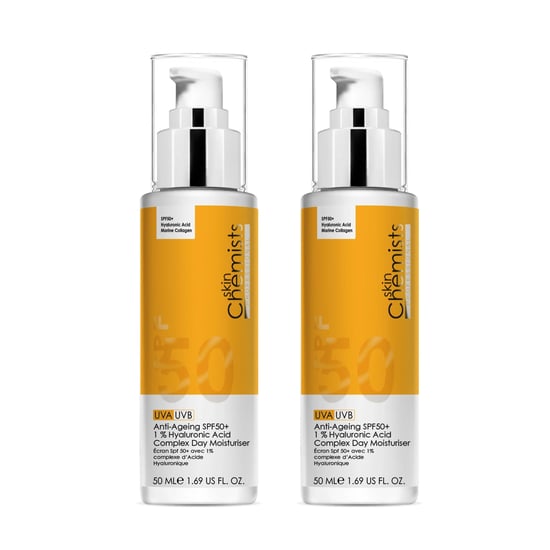 skinChemists Crema Hidratante Diurna Antienvejecimiento SPF 50 con 1% de Ácido Hialurónico Pack Dúo de 50 ml x 2 - Image 1