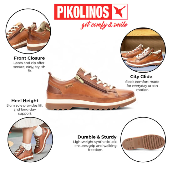 Zapatillas Pikolinos de piel marrón brandy con cordones y cremallera para mujer - Vigo - Image 2