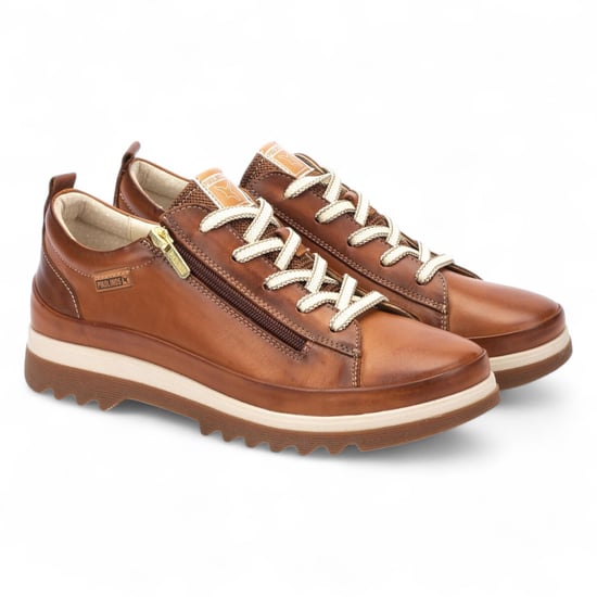 Zapatillas Pikolinos de piel marrón brandy con cordones y cremallera para mujer - Vigo - Image 3
