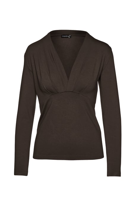 Top de jersey de manga larga con escote en V profundo en marrón chocolate - Image 1