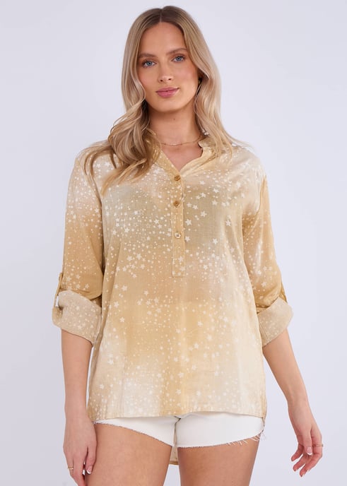 Top oversize con mangas remangables en denim beige - Image 2
