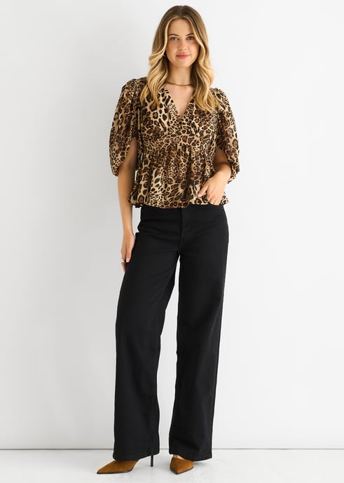 Blusa Peplum Marrón Cuello en V Estampado Animal - Image 1