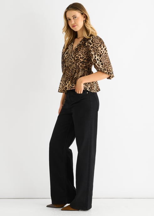 Blusa Peplum Marrón Cuello en V Estampado Animal - Image 3