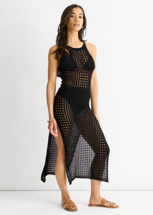 Vestido negro de punto de ganchillo con aberturas - Image 3