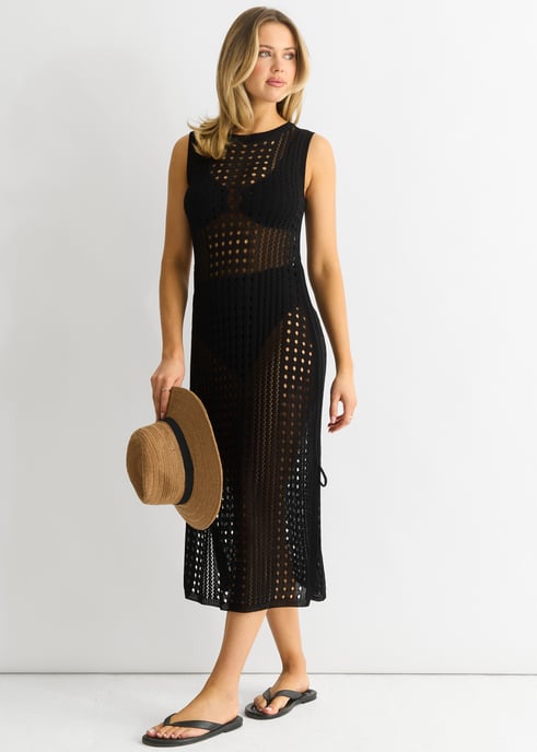 Vestido Midi Bodycon de Punto de Crochet Negro - Image 3