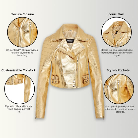 Chaqueta motera de cuero Brando corta dorada para mujer - Durban - Image 3