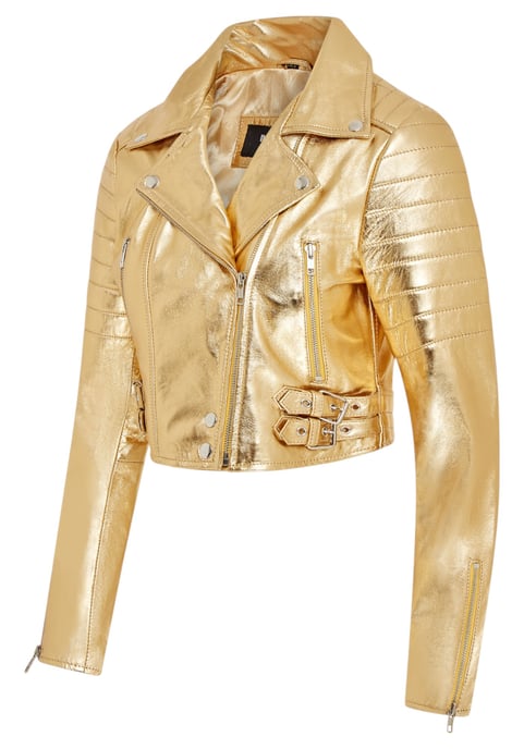 Chaqueta motera de cuero Brando corta dorada para mujer - Durban - Image 4