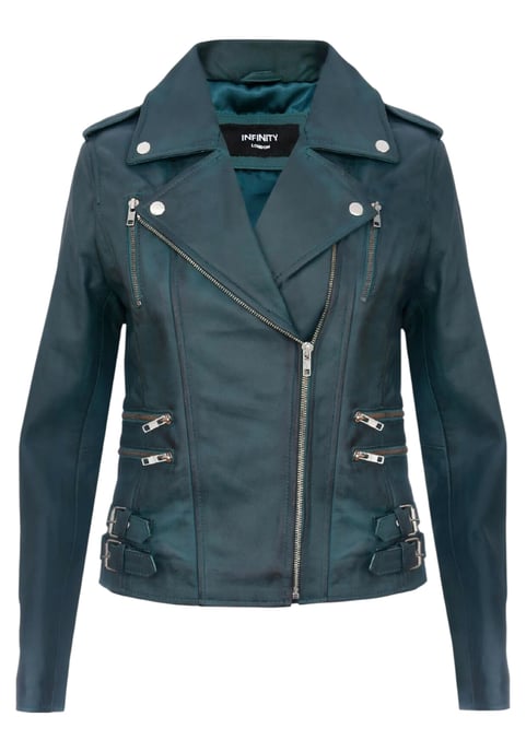 Chaqueta motera Brando de cuero azul verdoso para mujer - Constantia - Image 2