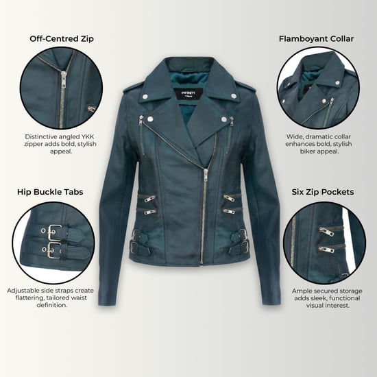 Chaqueta motera Brando de cuero azul verdoso para mujer - Constantia - Image 3