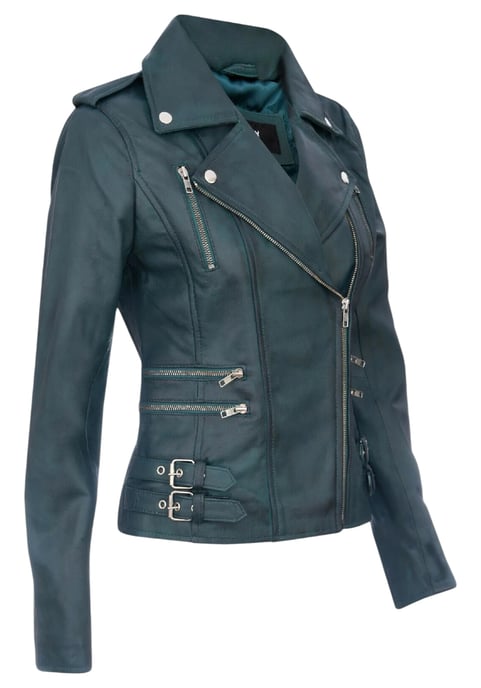 Chaqueta motera Brando de cuero azul verdoso para mujer - Constantia - Image 4