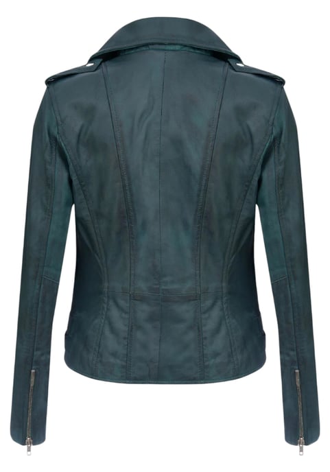 Chaqueta motera Brando de cuero azul verdoso para mujer - Constantia - Image 5
