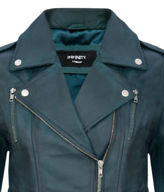 Chaqueta motera Brando de cuero azul verdoso para mujer - Constantia - Image 6