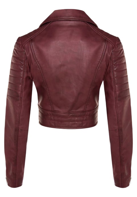 Chaqueta motera de cuero Brando corta color burdeos para mujer - Durban - Image 5