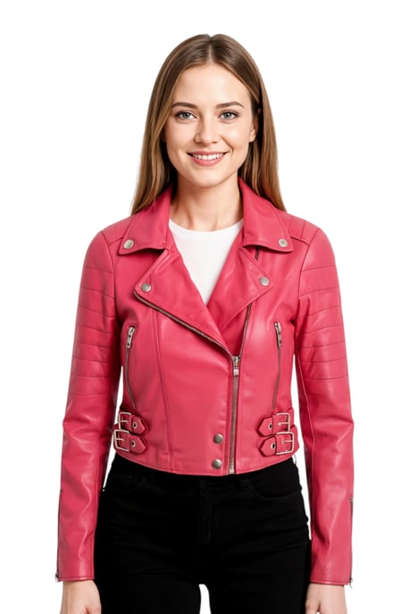 Chaqueta biker corta de cuero Brando para mujer, color rosa fucsia - Bellville - Image 1