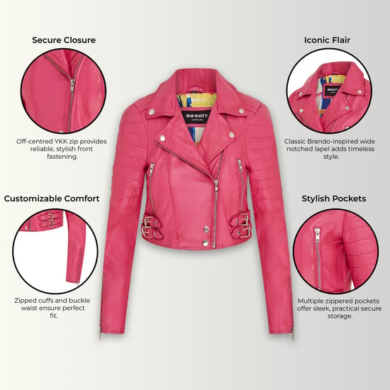 Chaqueta biker corta de cuero Brando para mujer, color rosa fucsia - Bellville - Image 3