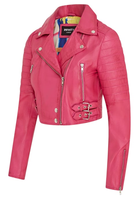 Chaqueta biker corta de cuero Brando para mujer, color rosa fucsia - Bellville - Image 4
