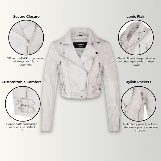 Chaqueta biker de cuero Brando corta blanca para mujer - Bellville - Image 3