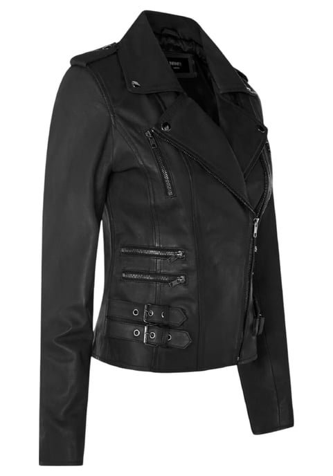 Chaqueta motera Brando de cuero negro mate para mujer - Constantia - Image 4