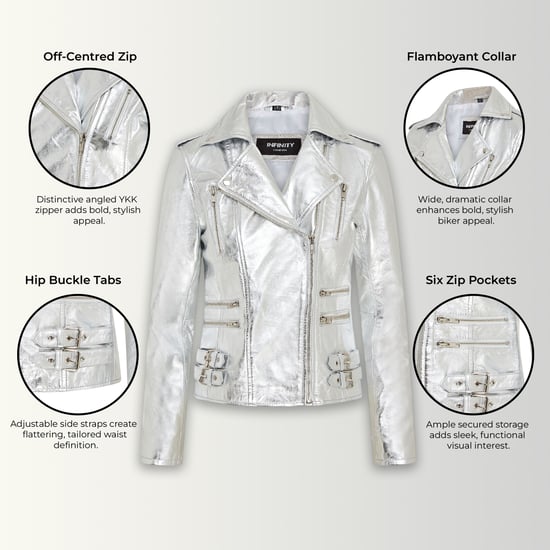 Chaqueta motera de cuero plateada Brando para mujer - Constantia - Image 3