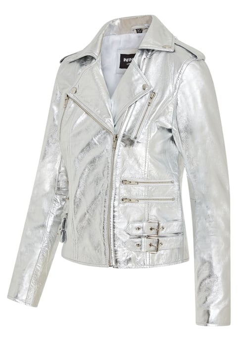 Chaqueta motera de cuero plateada Brando para mujer - Constantia - Image 4