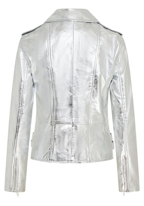 Chaqueta motera de cuero plateada Brando para mujer - Constantia - Image 5