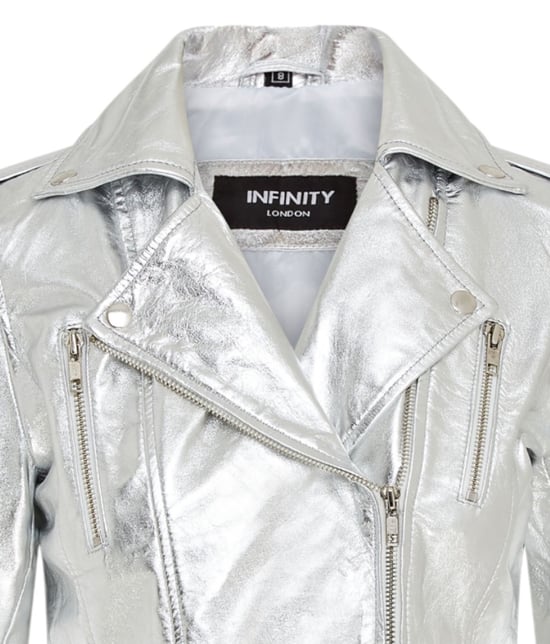 Chaqueta motera de cuero plateada Brando para mujer - Constantia - Image 6