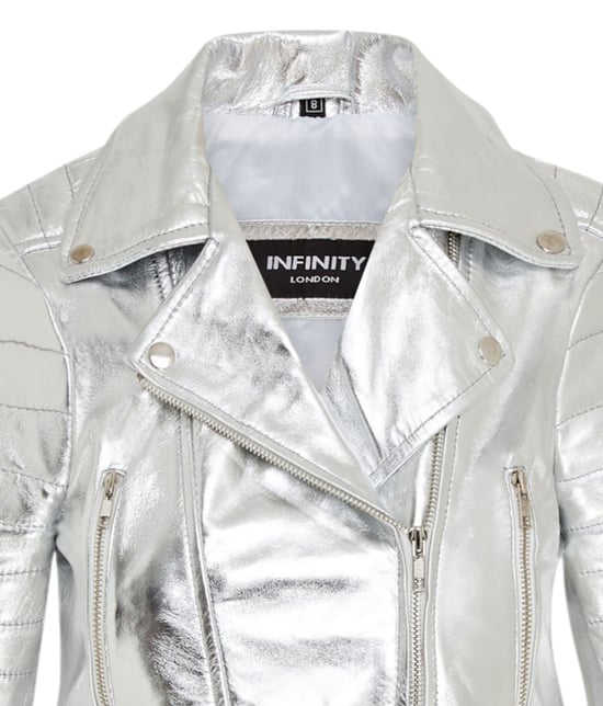 Chaqueta motera de cuero Brando corta plateada para mujer - Damasco - Image 5