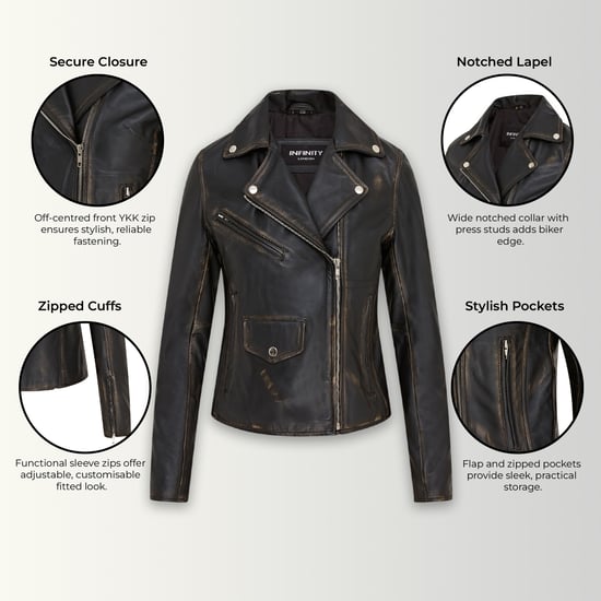 Chaqueta de cuero estilo motero Brando clásica negra vintage para mujer - Broome - Image 2