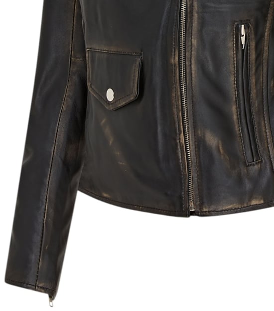 Chaqueta de cuero estilo motero Brando clásica negra vintage para mujer - Broome - Image 6