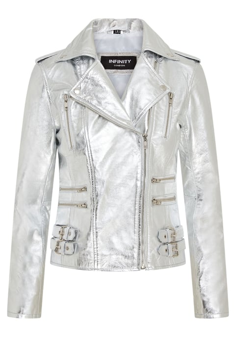 Chaqueta motera de cuero plateada Brando para mujer - Loddon - Image 1