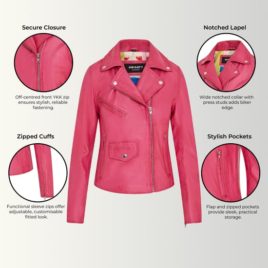 Chaqueta de cuero motera clásica Brando para mujer, color rosa fucsia - Soweto - Image 3