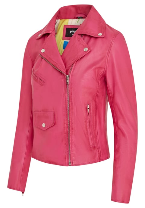 Chaqueta de cuero motera clásica Brando para mujer, color rosa fucsia - Soweto - Image 4