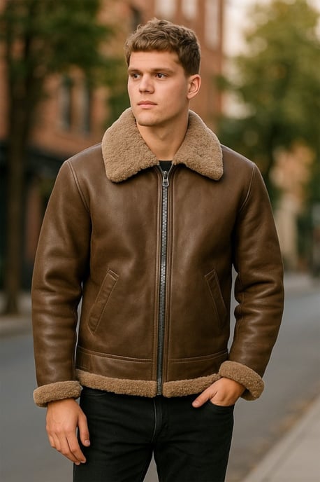 Chaqueta de aviador de piel de oveja marrón B3 de la Segunda Guerra Mundial para hombre - Seshego - Image 1