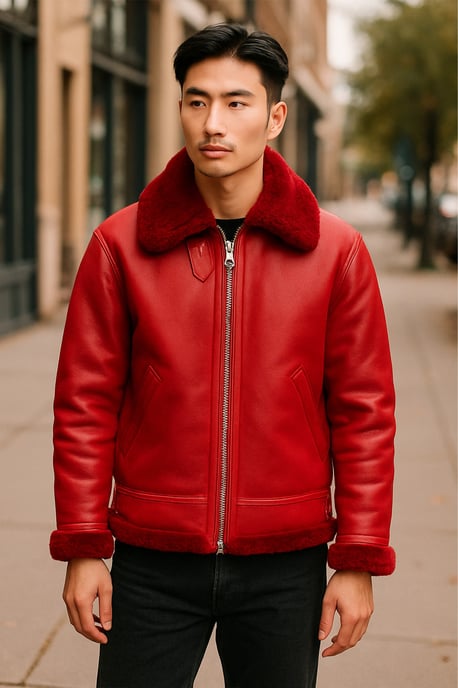 Chaqueta de aviador de piel de oveja roja B3 Bomber RAF para hombre - Sibasa - Image 1