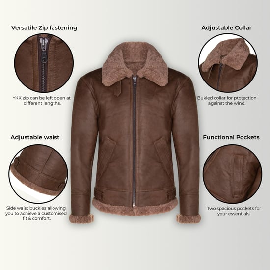 Chaqueta de aviador de piel de oveja B3 marrón de la Segunda Guerra Mundial para hombre - Paarl - Image 3