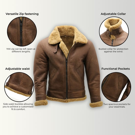 Chaqueta de aviador de piel de oveja B3 de la Segunda Guerra Mundial para hombre, color marrón jengibre - Paarl - Image 3