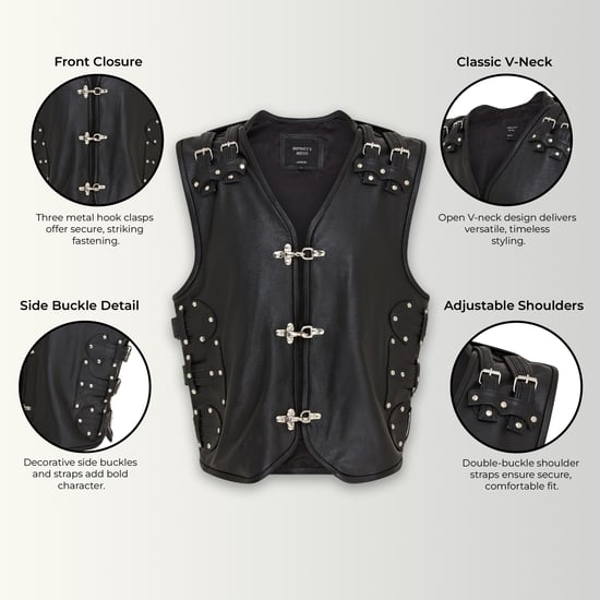 Chaleco de cuero negro estilo motero para hombre con hebillas metálicas - Coolgardie - Image 2