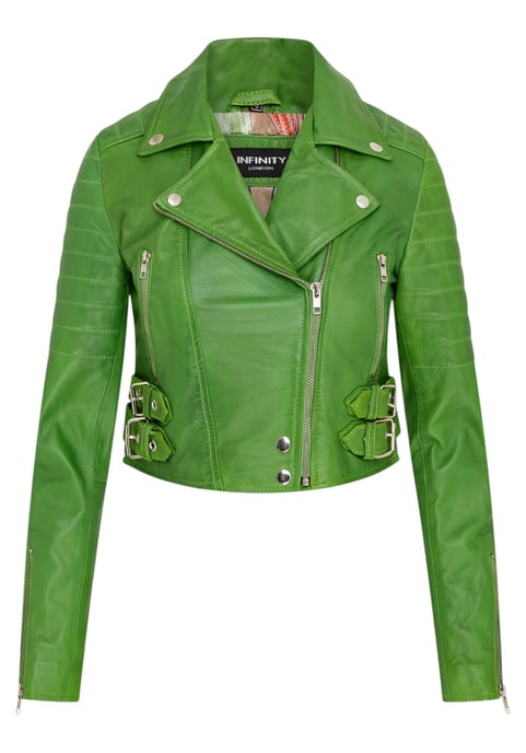 Chaqueta biker de cuero Brando corta verde manzana para mujer - Damasco - Image 1