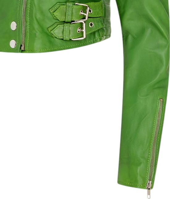 Chaqueta biker de cuero Brando corta verde manzana para mujer - Damasco - Image 6