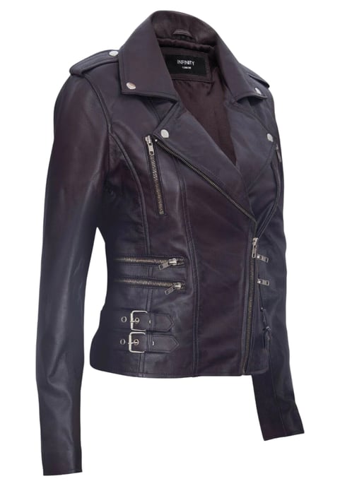 Chaqueta motera de cuero morada Brando para mujer - Constantia - Image 4