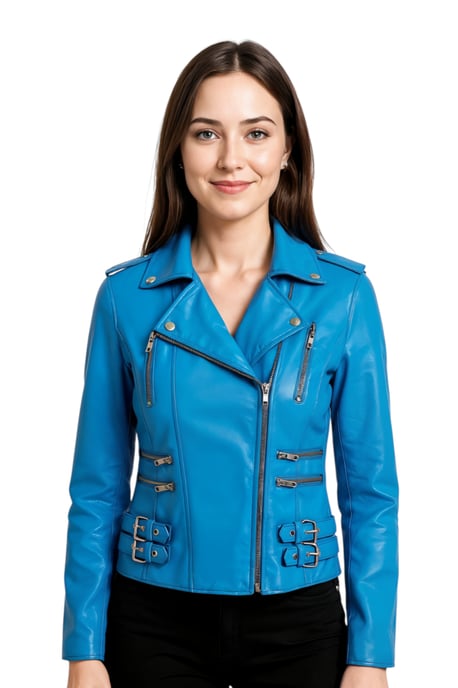 Chaqueta motera de cuero azul Brando para mujer - Constantia - Image 1