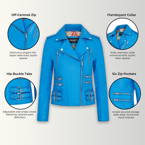 Chaqueta motera de cuero azul Brando para mujer - Constantia - Image 3