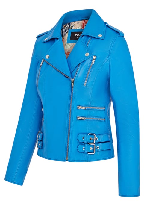 Chaqueta motera de cuero azul Brando para mujer - Constantia - Image 4