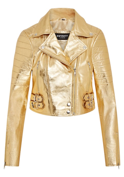 Chaqueta motera de cuero Brando corta dorada para mujer - Damasco - Image 1