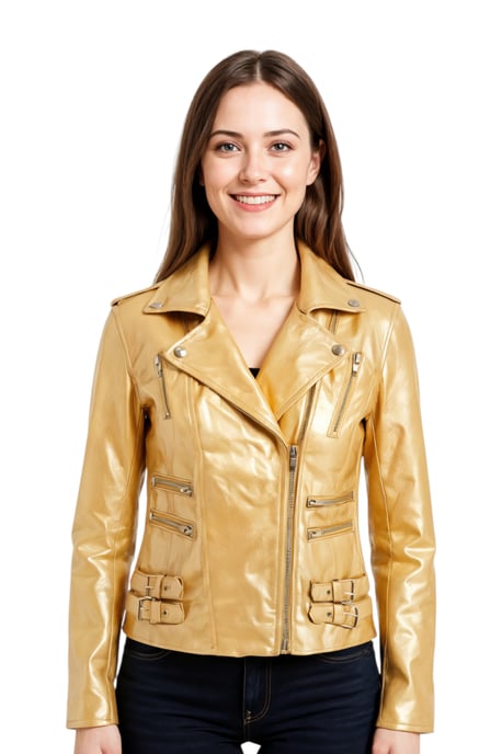 Chaqueta motera Brando de cuero dorado para mujer - Constantia - Image 1
