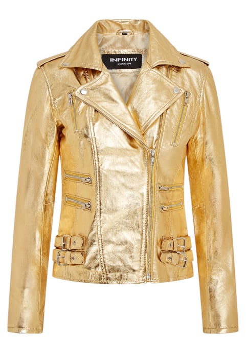 Chaqueta motera Brando de cuero dorado para mujer - Constantia - Image 2