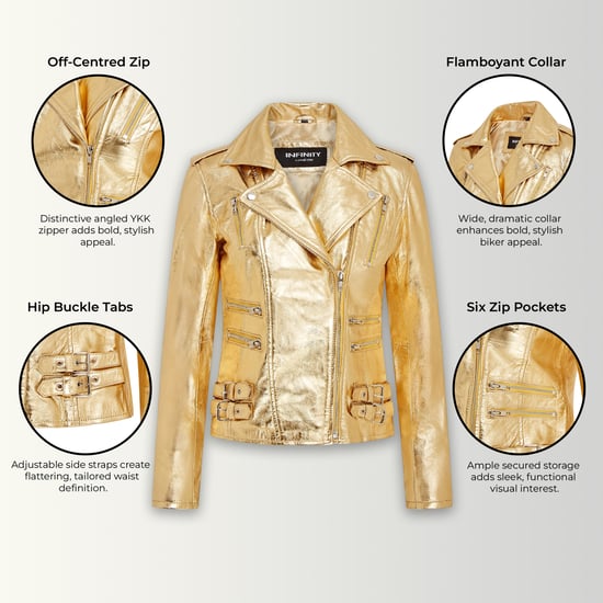 Chaqueta motera Brando de cuero dorado para mujer - Constantia - Image 3