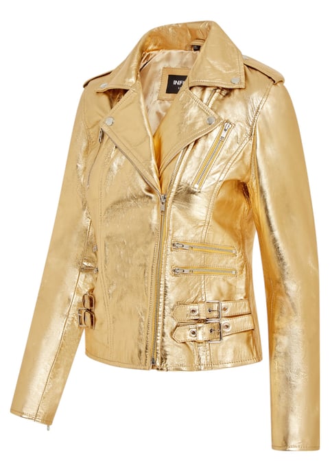 Chaqueta motera Brando de cuero dorado para mujer - Constantia - Image 4