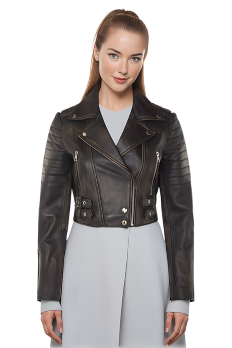 Chaqueta biker vintage negra corta de cuero Brando para mujer - Bellville - Image 1